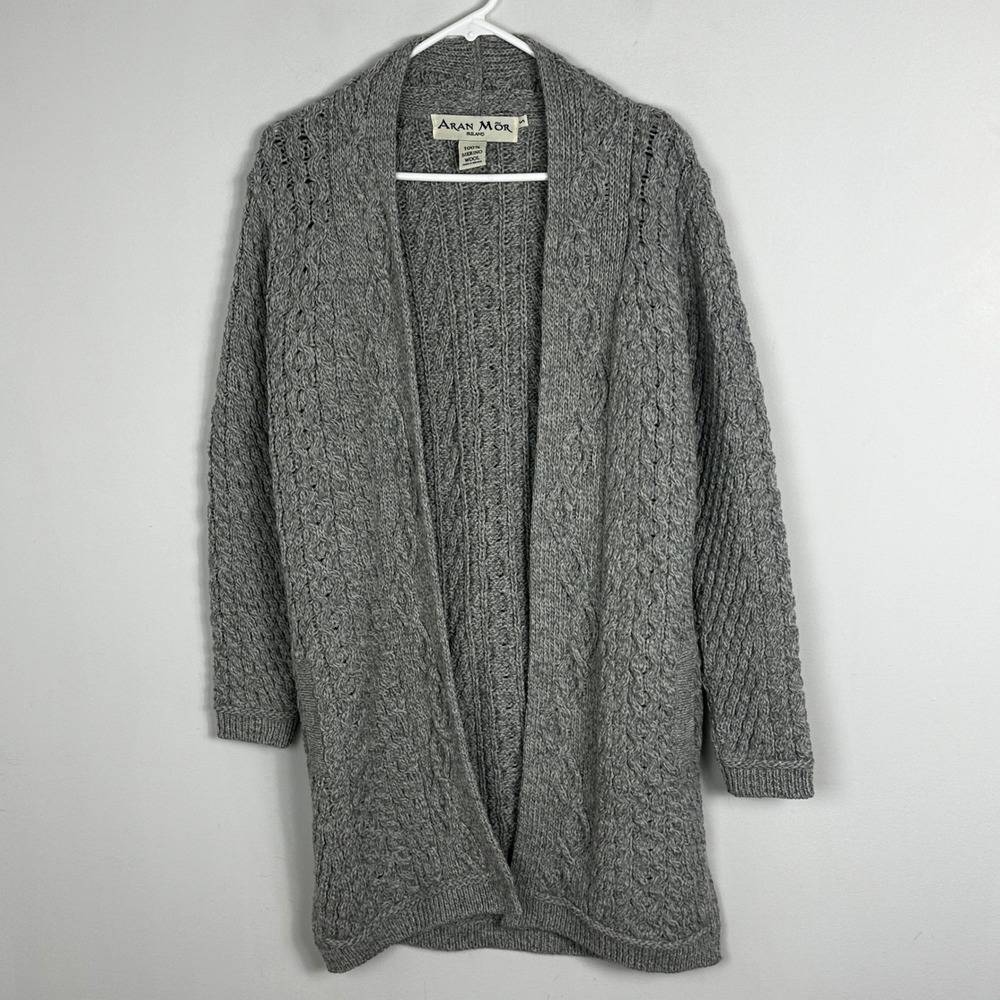 Aran‎ Mor Ireland 100% Merino Wool Grey Cable Knit Cardigan Sweater Size Small